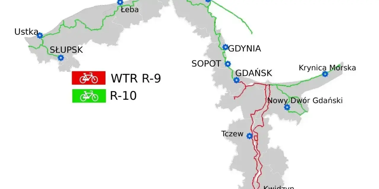 Mapa tras rowerowych WTR R-9 (czerwona) i R-10 (zielona), w tym fragmentów EuroVelo 4, łączących miasta od Ustki po Kwidzyn.