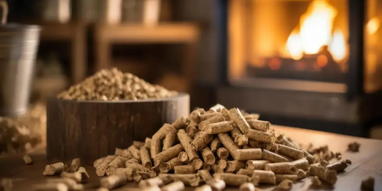 Un mucchio di pellet di legno su un tavolo, con un camino acceso sullo sfondo. L'immagine evoca il tema dell'andamento prezzo pellet.