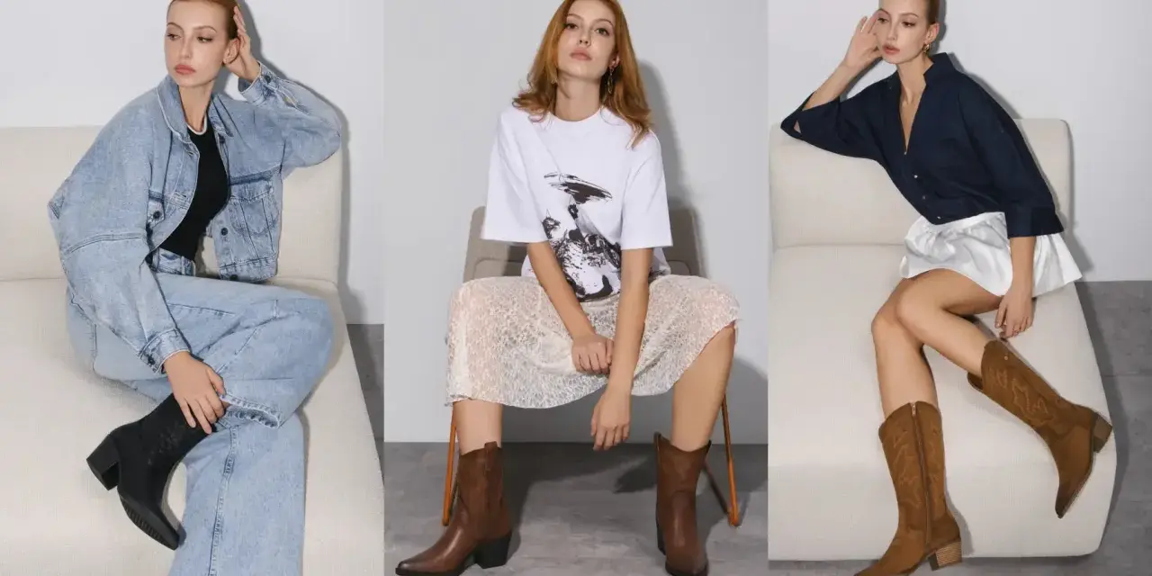 Tres mujeres posan con diferentes atuendos. La de la izquierda lleva vaqueros y una chaqueta vaquera con botines negros. La del centro, falda de encaje y camiseta gráfica con botines marrones. La de la derecha, falda blanca y camisa vaquera oscura con ...