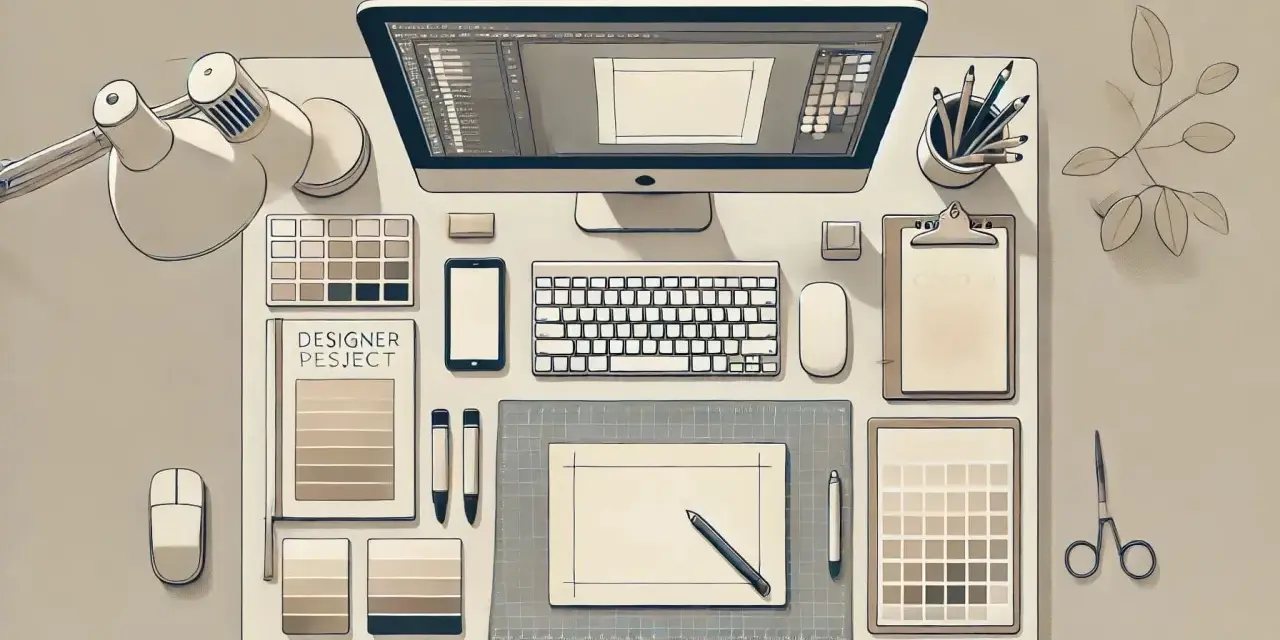 Biurko grafika: monitor, klawiatura, myszki, tablet graficzny, próbki kolorów, lampka. Idealne miejsce do pracy nad wzornictwem.