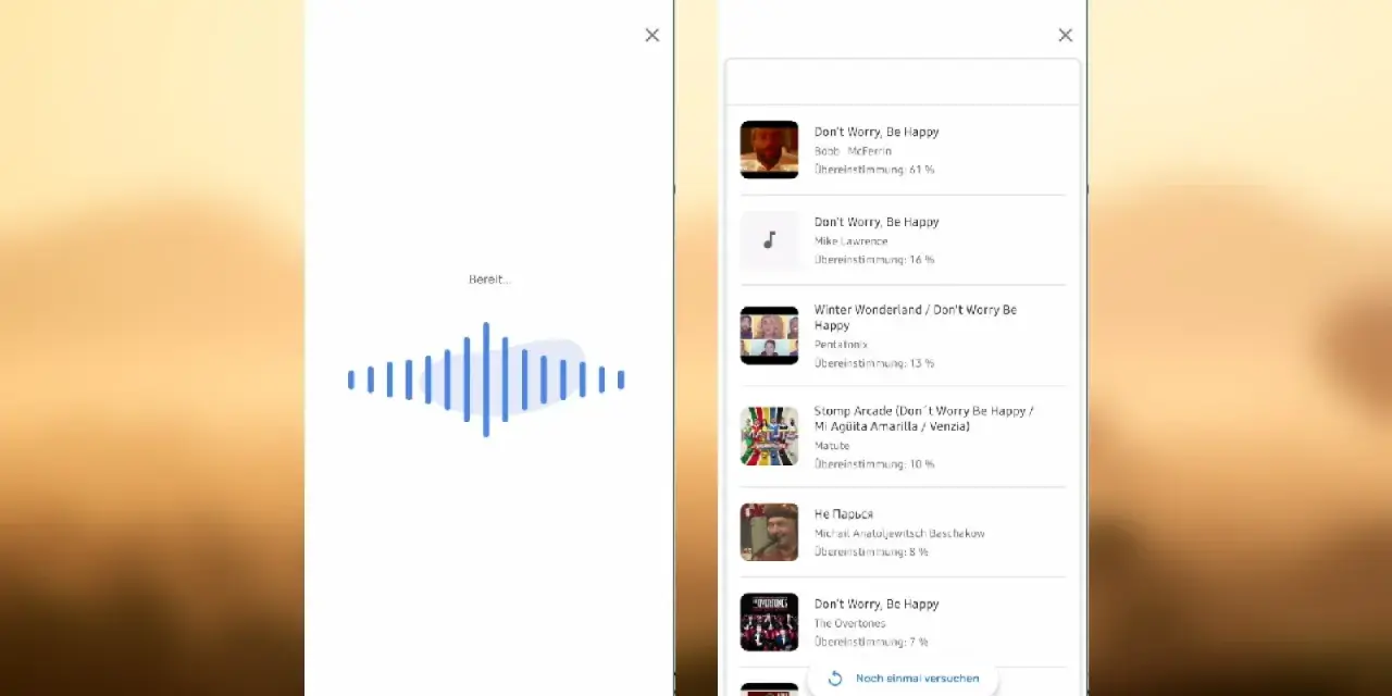 Zwei Smartphone-Bildschirme: Links eine Musikerkennungs-App mit Wellenform, rechts eine Liste mit Songvorschlägen.