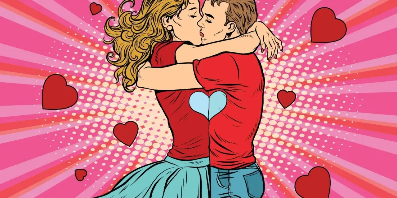 Para zakochanych w stylu pop-art, całująca się kobieta koziorożec z rozwianymi włosami i mężczyzna w objęciach, otoczeni serduszkami.