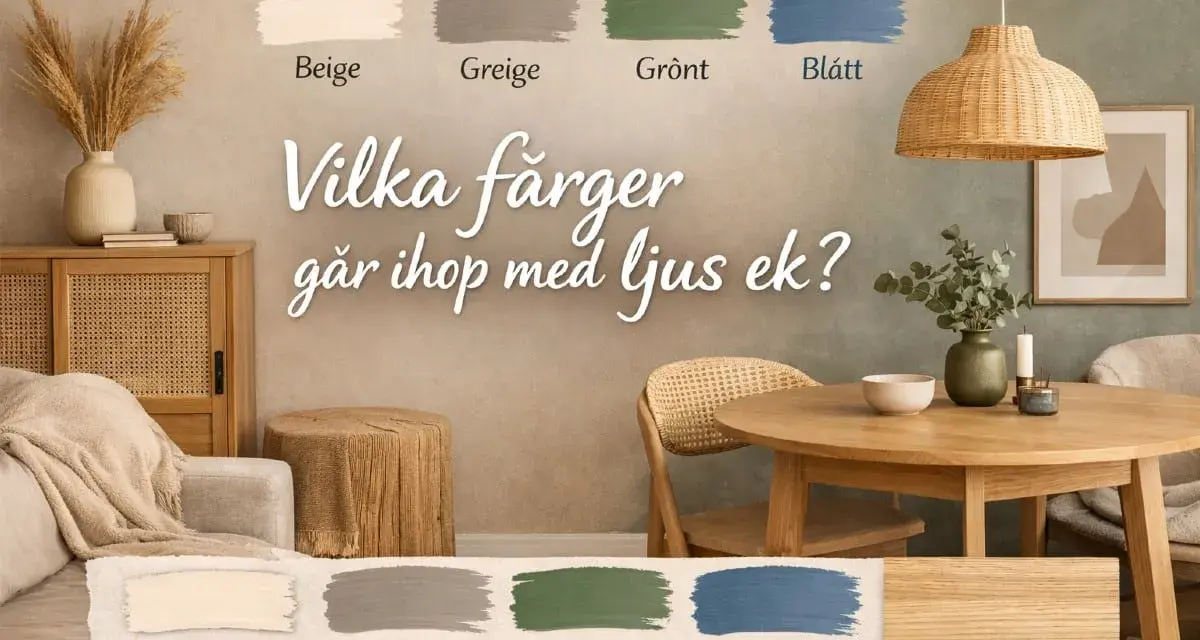 En inbjudande inredning med ljusa trädetaljer och en cool gray vägg. Färgprover visar beige, greige, grönt och blått som komplement.