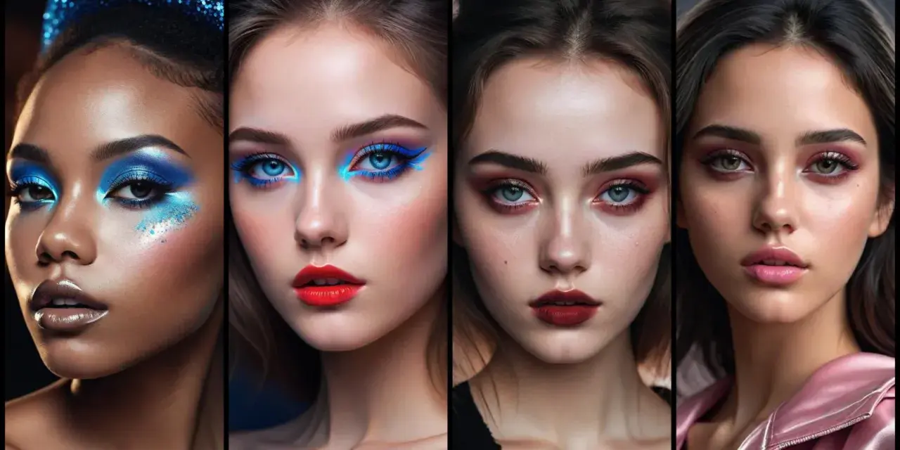Quattro volti con trucco audace: blu elettrico, rosso acceso, bordeaux e rosa. Un omaggio al trucco anni 70.