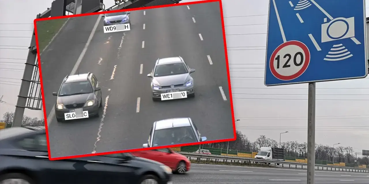 Znak ograniczenia prędkości do 120 km/h i fotoradar. Na nagraniu z kamery widać samochody na drodze, które mogą otrzymać mandat z fotoradaru.