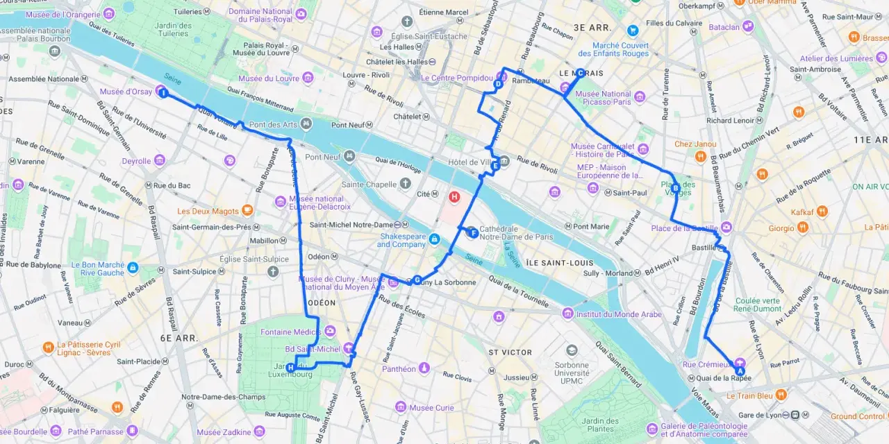 Itinéraire pour visiter Paris en 4 jours, passant par le Louvre, Notre-Dame, le Marais et Bastille.