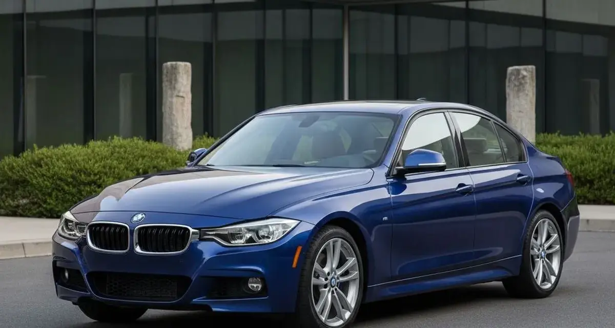 Niebieskie BMW F30 na tle nowoczesnego budynku. Zastanawiasz się nad jego **koszty utrzymania**?