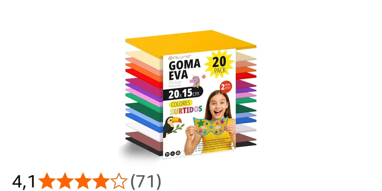 Pack de 20 láminas de goma eva de colores surtidos, ideal para manualidades y proyectos creativos.
