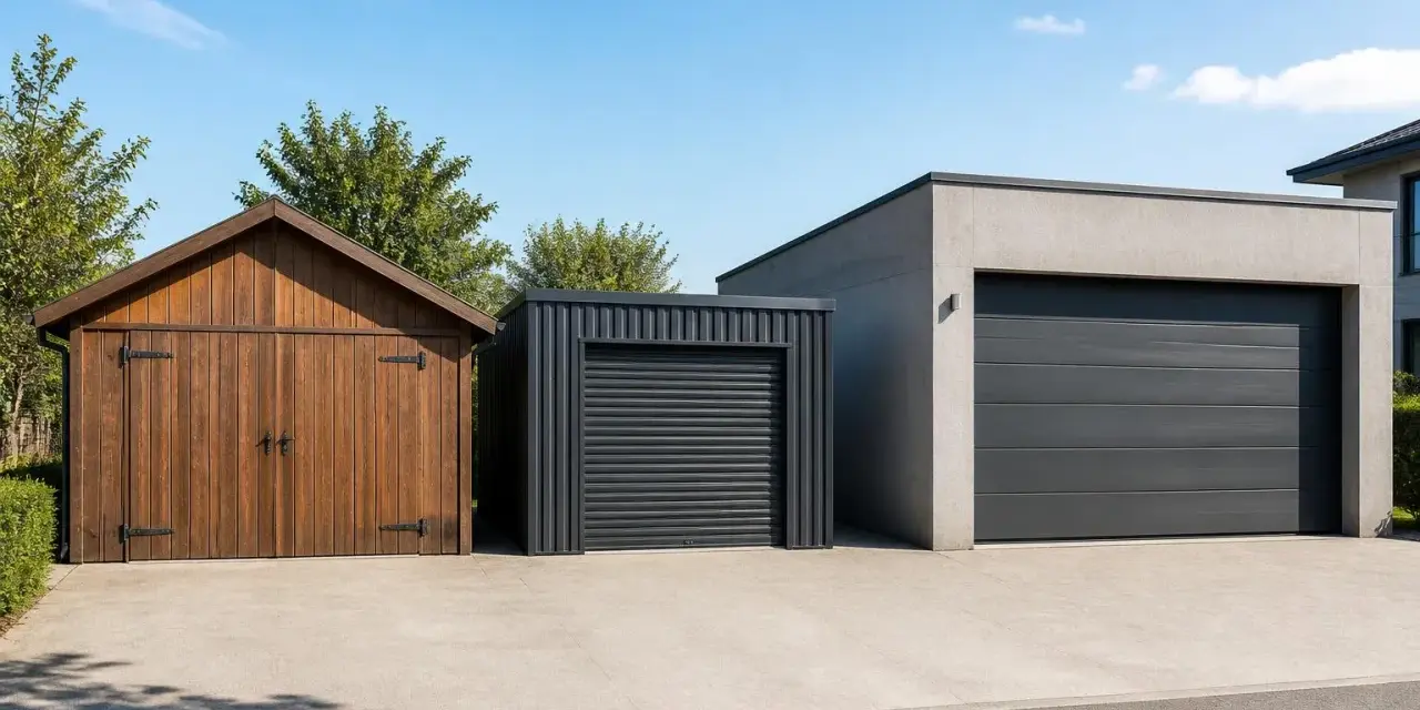 Trois garages aux styles variés : bois, métal et béton. Idéal pour comparer le prix construction garage et choisir le vôtre.