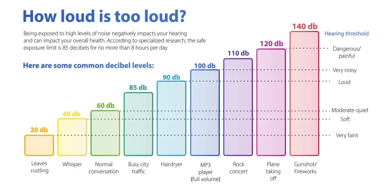Graphique comparant les niveaux sonores, de 20 dB (feuilles) à 140 dB (coup de feu). Le bruit d'un sèche-cheveux est de 90 dB.