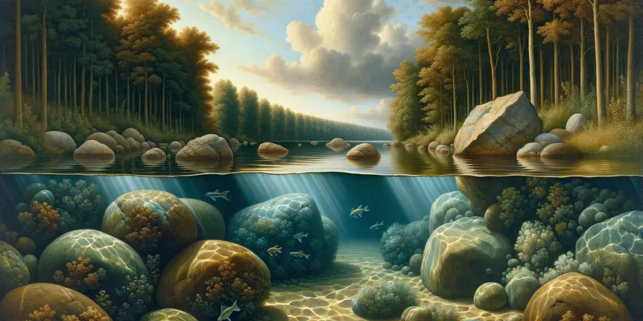 Paysage aquatique montrant comment peindre la transparence de l'eau, avec des rochers, des poissons et une forêt luxuriante.