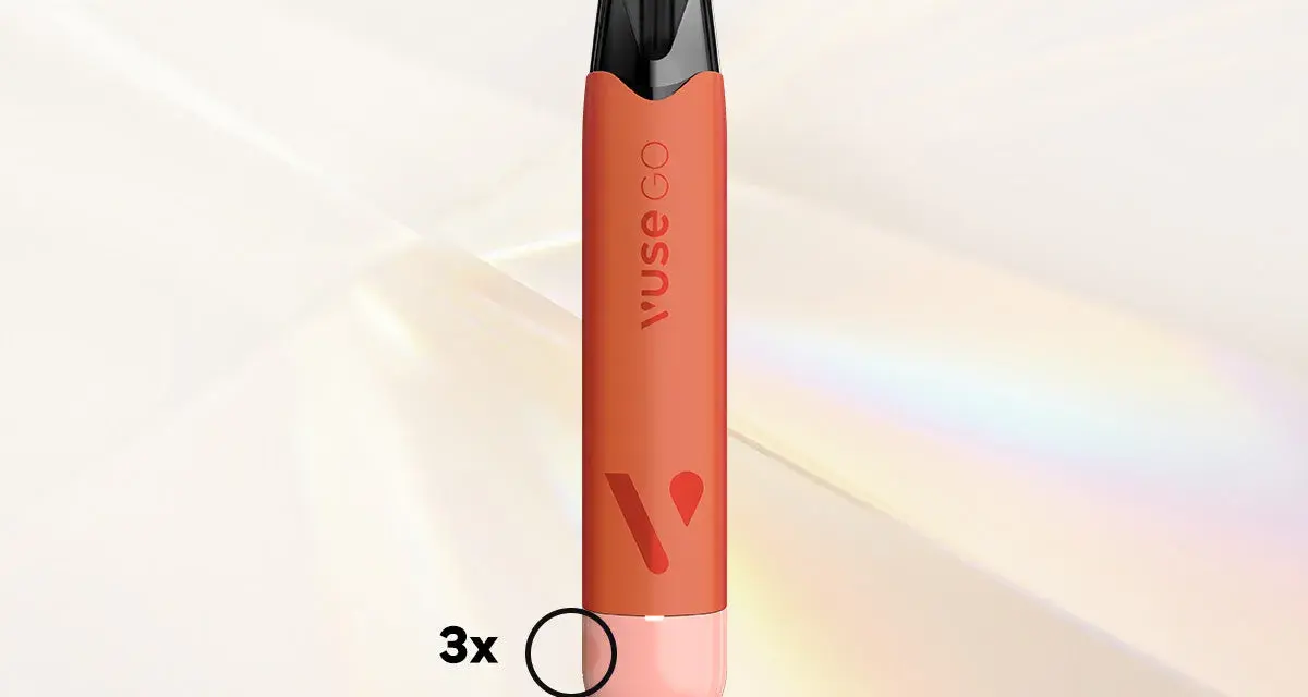 Vuse Go, un dispositivo con nicotina, en color naranja con detalles en rosa.