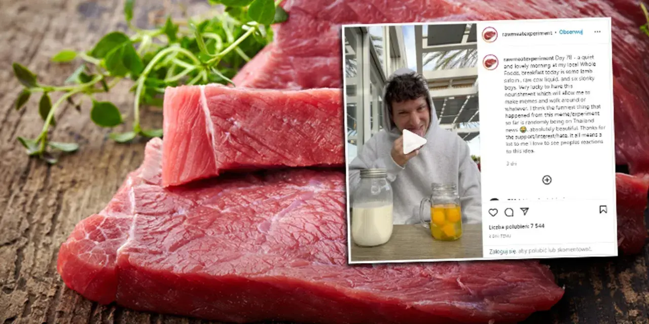 Surowe mięso na drewnianym blacie, obok zielone zioła. W tle zdjęcie mężczyzny z słoikami mleka i jajek, który eksperymentuje z dietą.