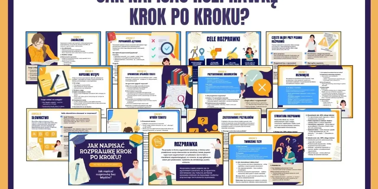 Zestaw 15 kart PDF do druku, który krok po kroku wyjaśnia, jak napisać rozprawkę. Pomoc w nauce pisania rozprawki.