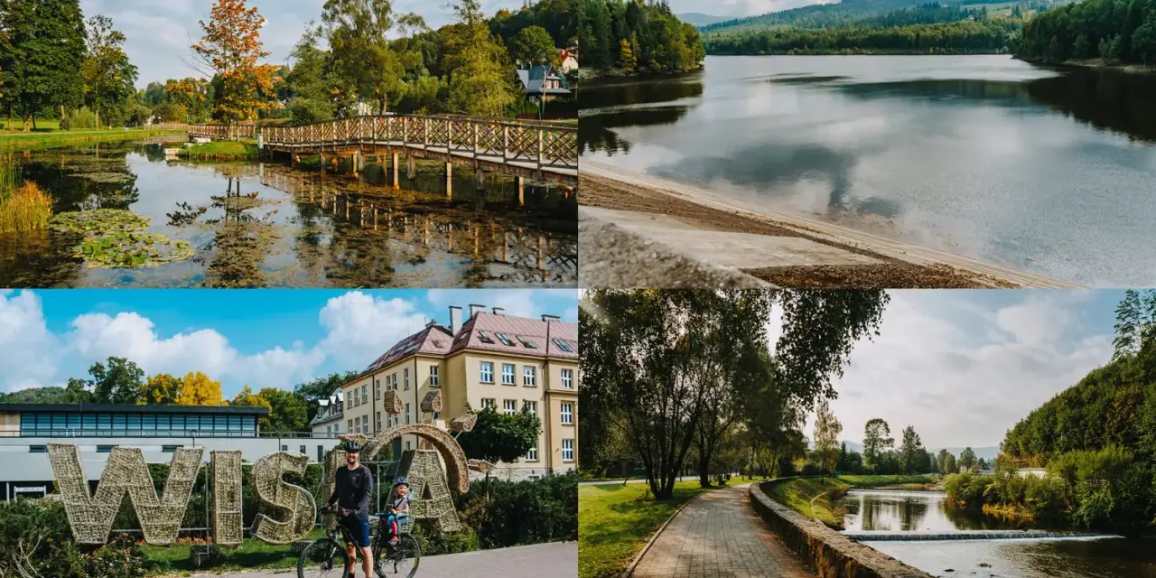 Atrakcje Wisła i okolice: malowniczy park z mostkiem, jezioro, napis WISŁA z rowerzystami, ścieżka nad rzeką.