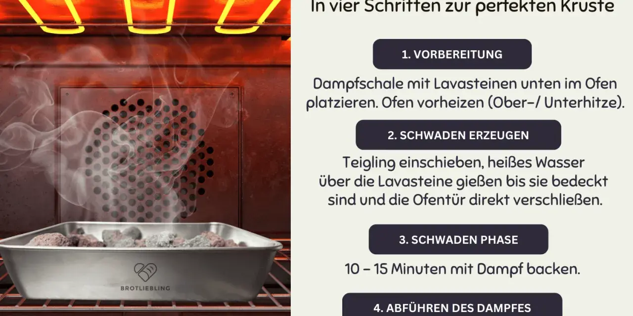 Im Ofen dampft eine Schale mit Lavasteinen, bereit für das Brotbacken mit Wasserdampf für eine perfekte Kruste.