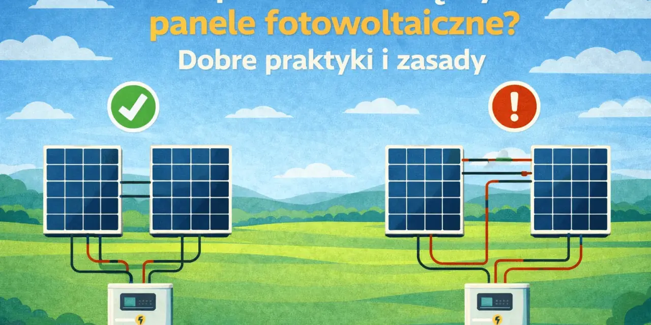 Ilustracja pokazuje prawidłowe i nieprawidłowe łączenie paneli fotowoltaicznych. Po lewej poprawny schemat z zielonym zaznaczeniem, po prawej błąd z czerwonym wykrzyknikiem.