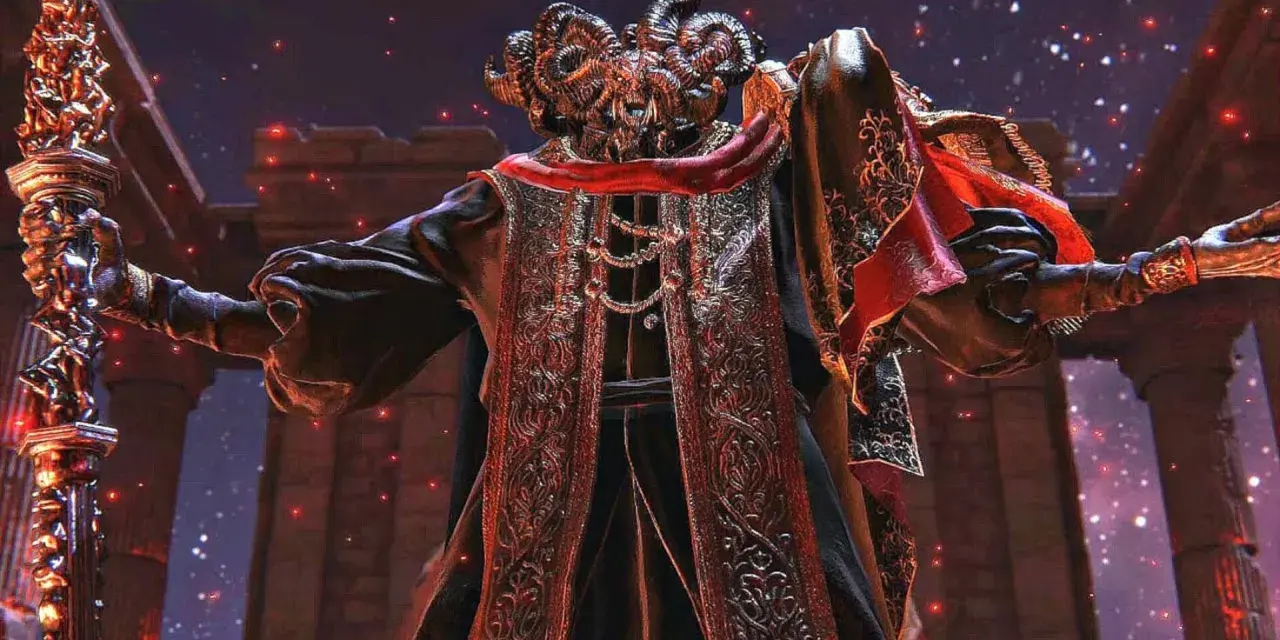 Mohg, Señor de la Sangre, con su túnica ornamentada y cuernos demoníacos, empuña un cetro dorado en Elden Ring.