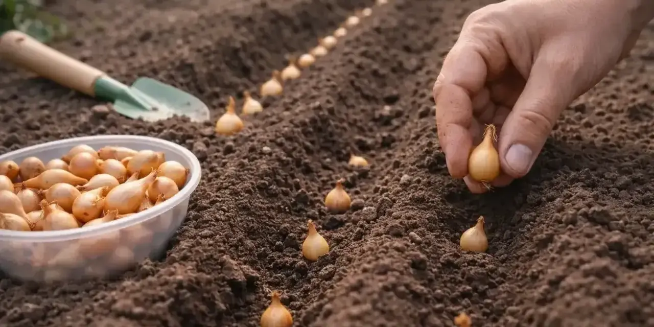 Ręka sadzi cebulę dymkę w rzędzie na ziemi. Obok miska z dymkami i łopatka.