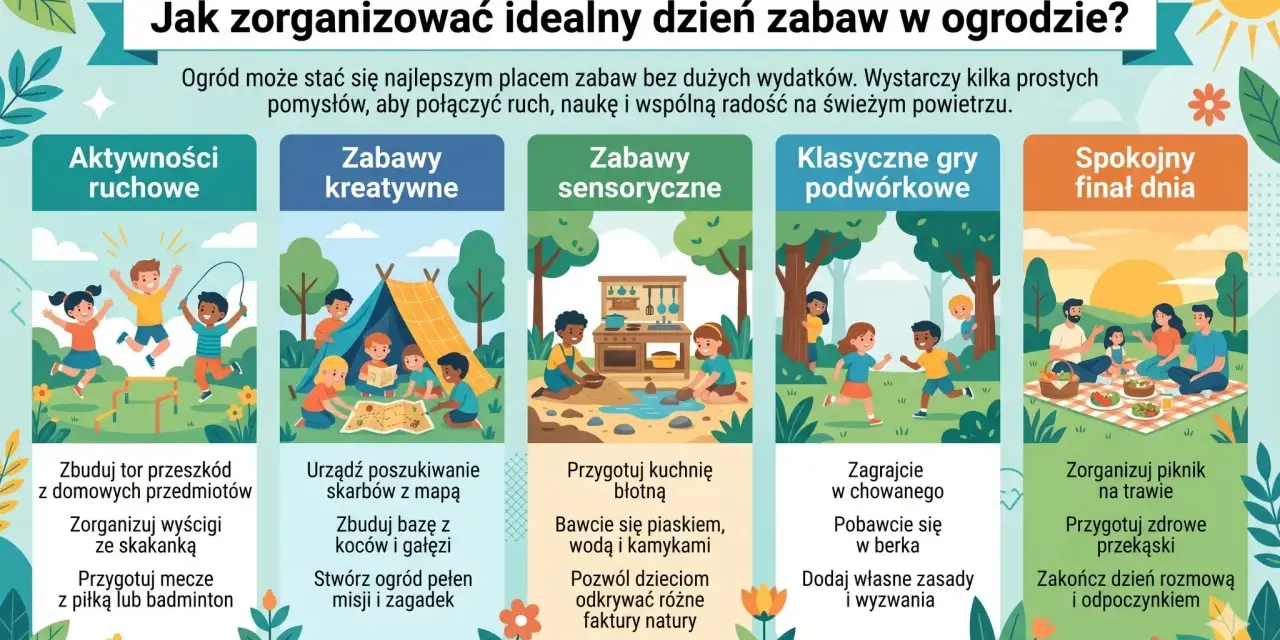 Pomysły na zabawy w ogrodzie: ruchowe, kreatywne, sensoryczne, gry podwórkowe i piknik. Idealny dzień pełen radości na świeżym powietrzu.