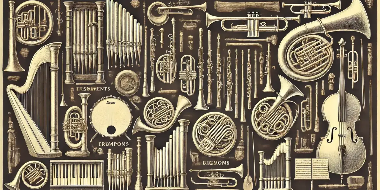 Wspaniała kolekcja instrumentów muzycznych, od harfy i organów po trąbki i skrzypce. Każdy instrument na zdjęciu to dzieło sztuki.