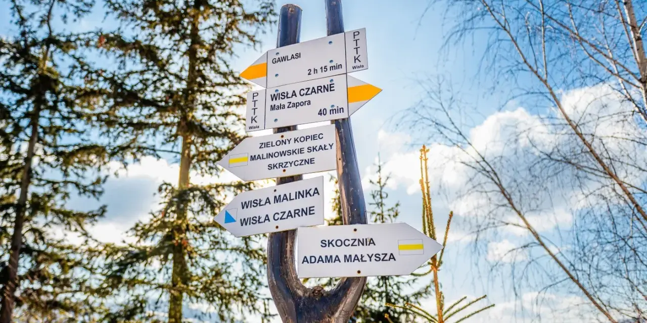 Rozdroże szlaków turystycznych. Widać drogowskazy do Wisły Czarnej, Skoczni Adama Małysza i Wisły Malinka.