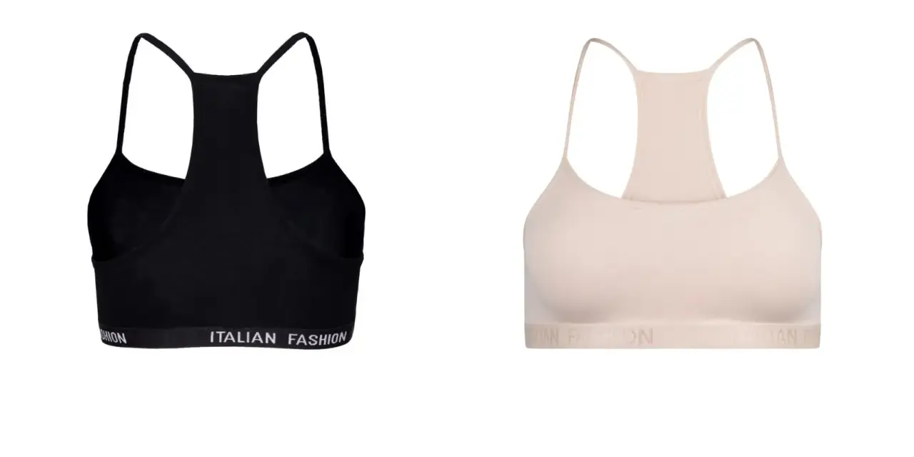 Czarny i beżowy biustonosz sportowy z napisem "ITALIAN FASHION". Idealny pierwszy biustonosz dla młodej kobiety.
