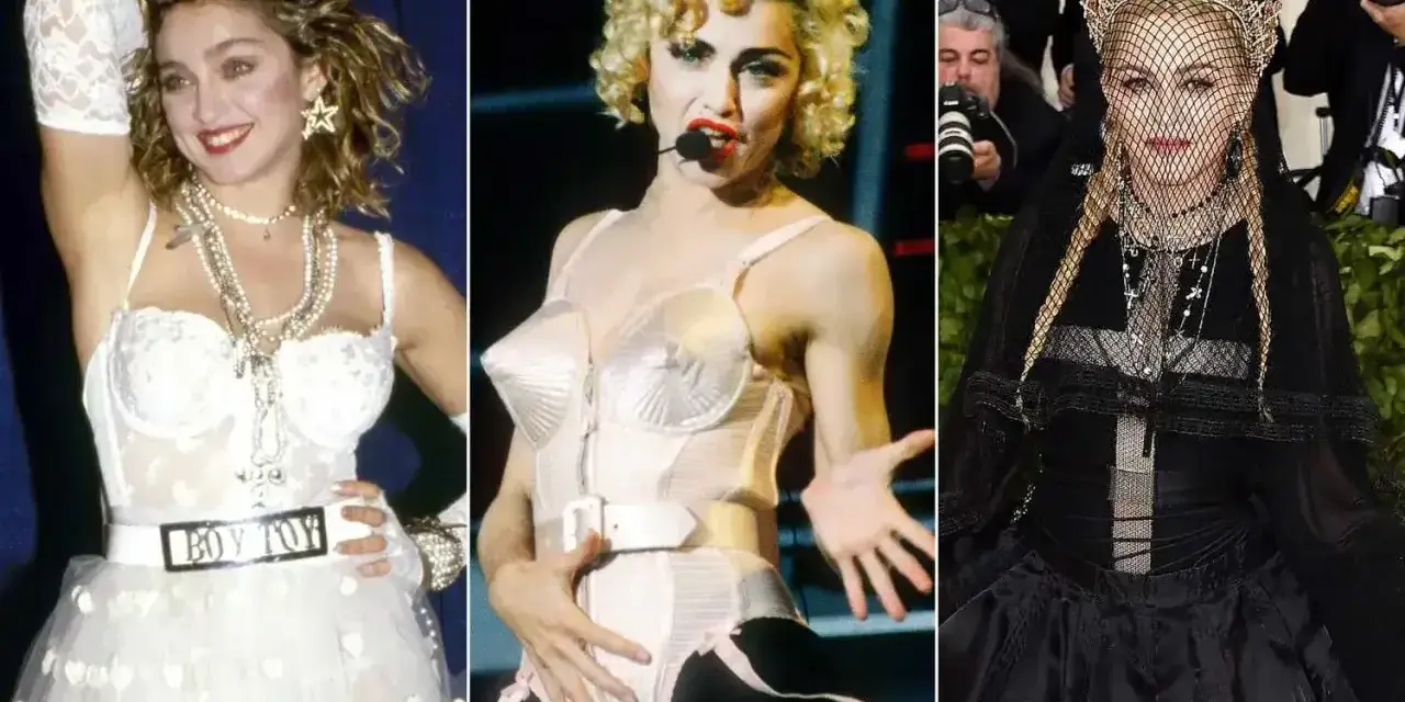 Ikony stylu lat 80. zagraniczne: Madonna w białej sukni, w stroju scenicznym i w czarnej kreacji z welonem.