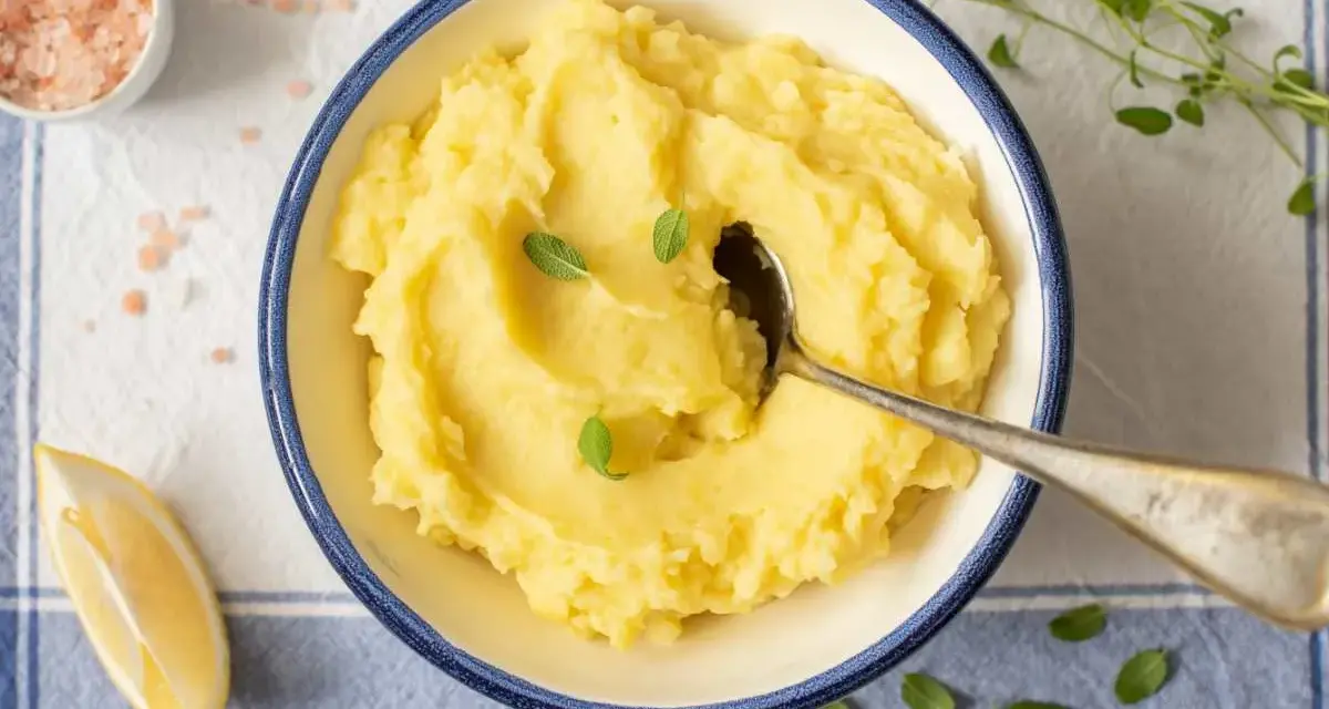 Un cremoso puré de patata de la abuela, servido en un cuenco azul, con una cuchara, limón y sal rosa.