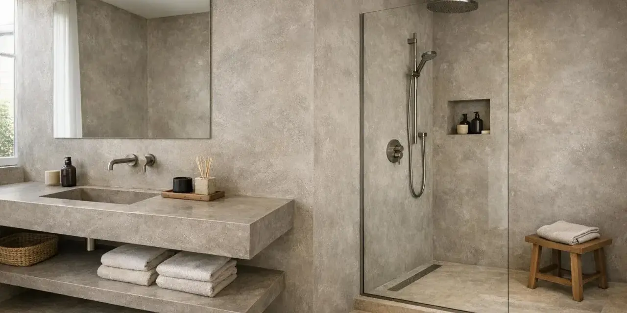 Salle de bain moderne avec lavabo suspendu, douche à l'italienne et **béton ciré sol** pour une ambiance épurée.