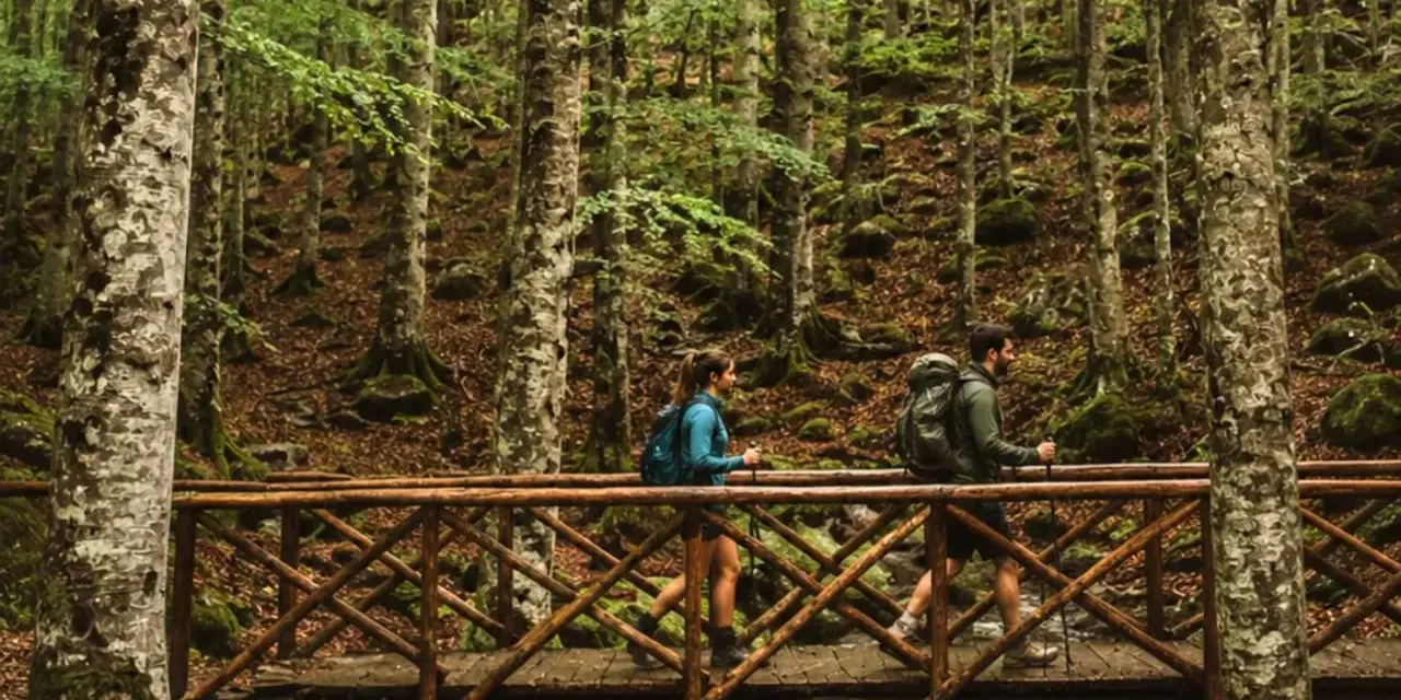 Co fare sul Monte Amiata: escursionisti attraversano un ponte di legno in un bosco di faggi.