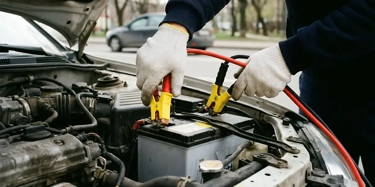 Person mit Handschuhen schließt Starthilfe-Kabel an Autobatterie an. ADAC-Hilfe ist oft die Lösung bei Pannen.