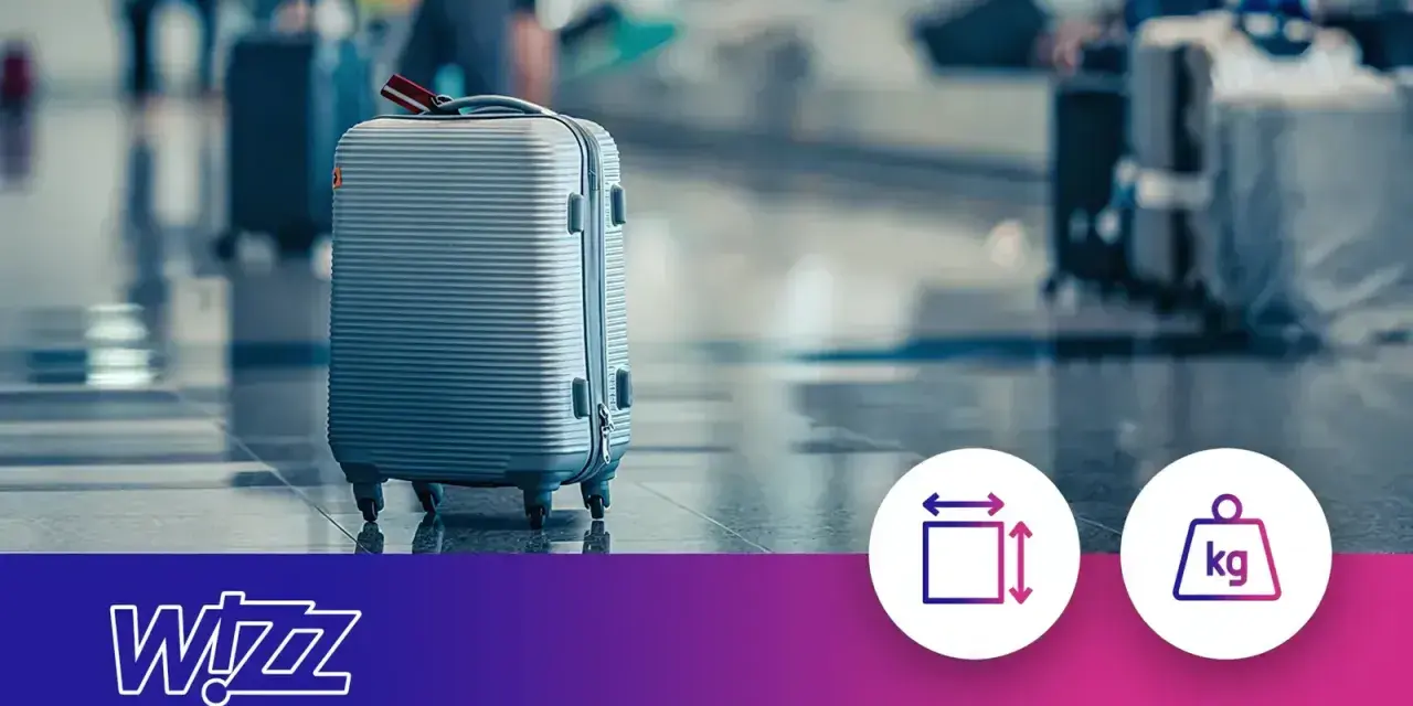 Szary wizzair bagaż podręczny na lotnisku. Ikony wskazują wymiary i wagę.