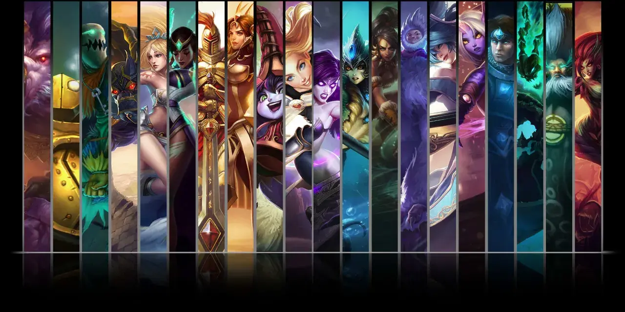 Komiksowa mozaika postaci z gry League of Legends, przedstawiająca bohaterów w pionowych pasach.