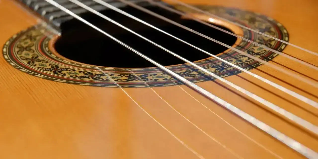 Zbliżenie na gitarę klasyczną. Sześć białych strun biegnie nad ozdobną rozetą.
