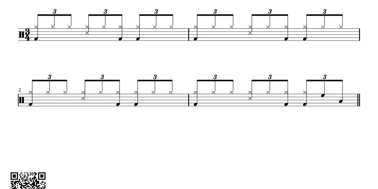 Pomysł na rytmy perkusyjne w metrum 3/4 z triolami. Ćwiczenie do gry w aplikacji Beat Note.