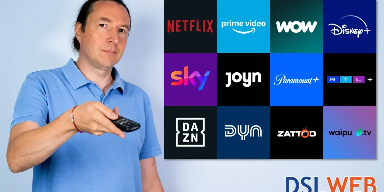 Mann mit Fernbedienung vor Logos beliebter Streaming-Dienste in Deutschland wie Netflix, Prime Video, Sky, Disney+.