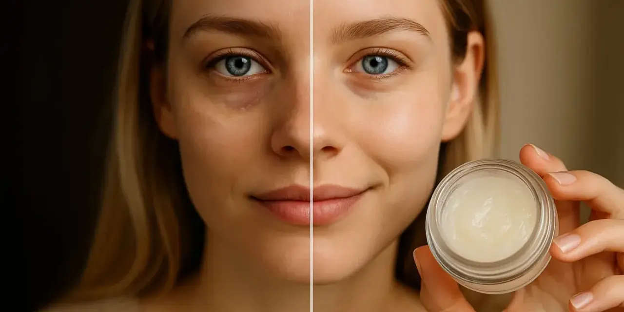 Vorher-Nachher-Vergleich: Eine Frau mit Augenringen links, rechts mit strahlender Haut. Vaseline gegen Augenringe für einen frischen Blick.