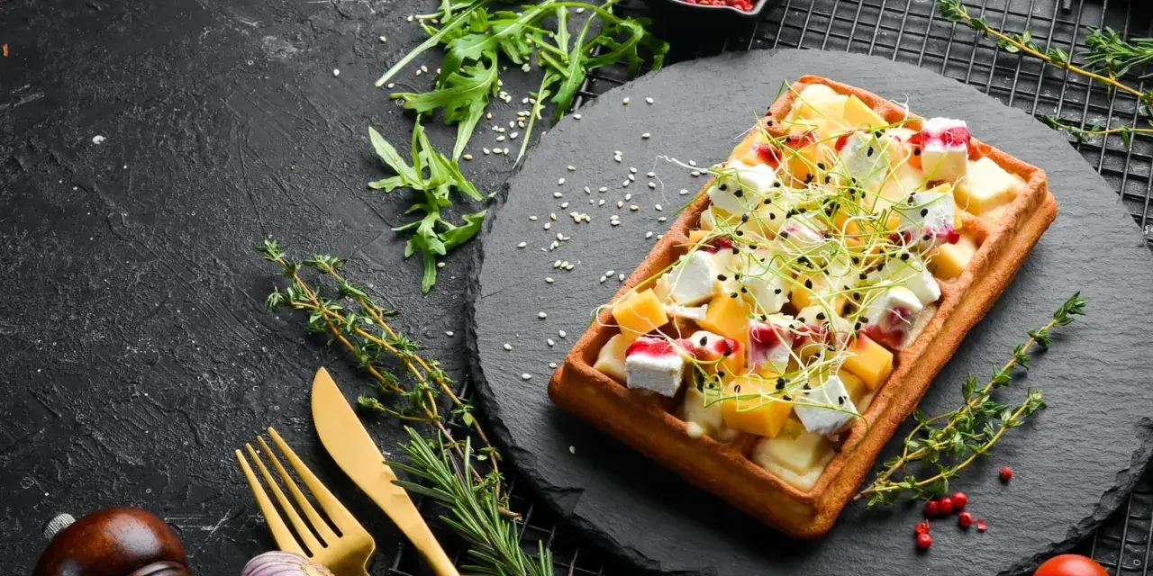 Gaufre rectangulaire garnie de dés de fromage, de fruits et de pousses, servie sur une ardoise. Une délicieuse pâte à gaufre salée prête à être dégustée.