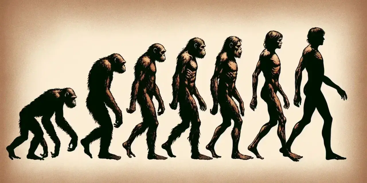 Esquema de la evolución del hombre: simios encorvados se transforman gradualmente en humanos bípedos.