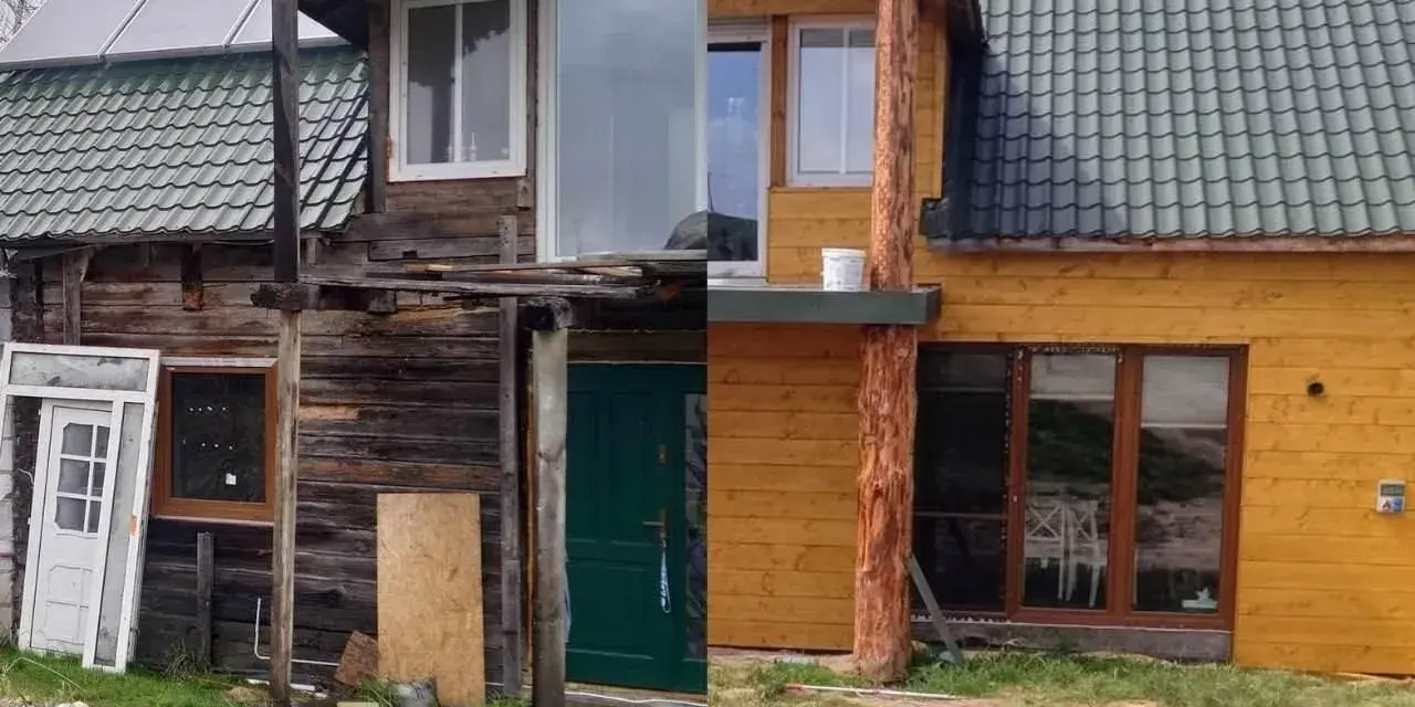 Dom po remoncie: stara, drewniana chata zyskała nowe, żółte oblicze. Widać nową stolarkę okienną i drzwiową, a także odnowiony dach. To prawdziwa metamorfoza!