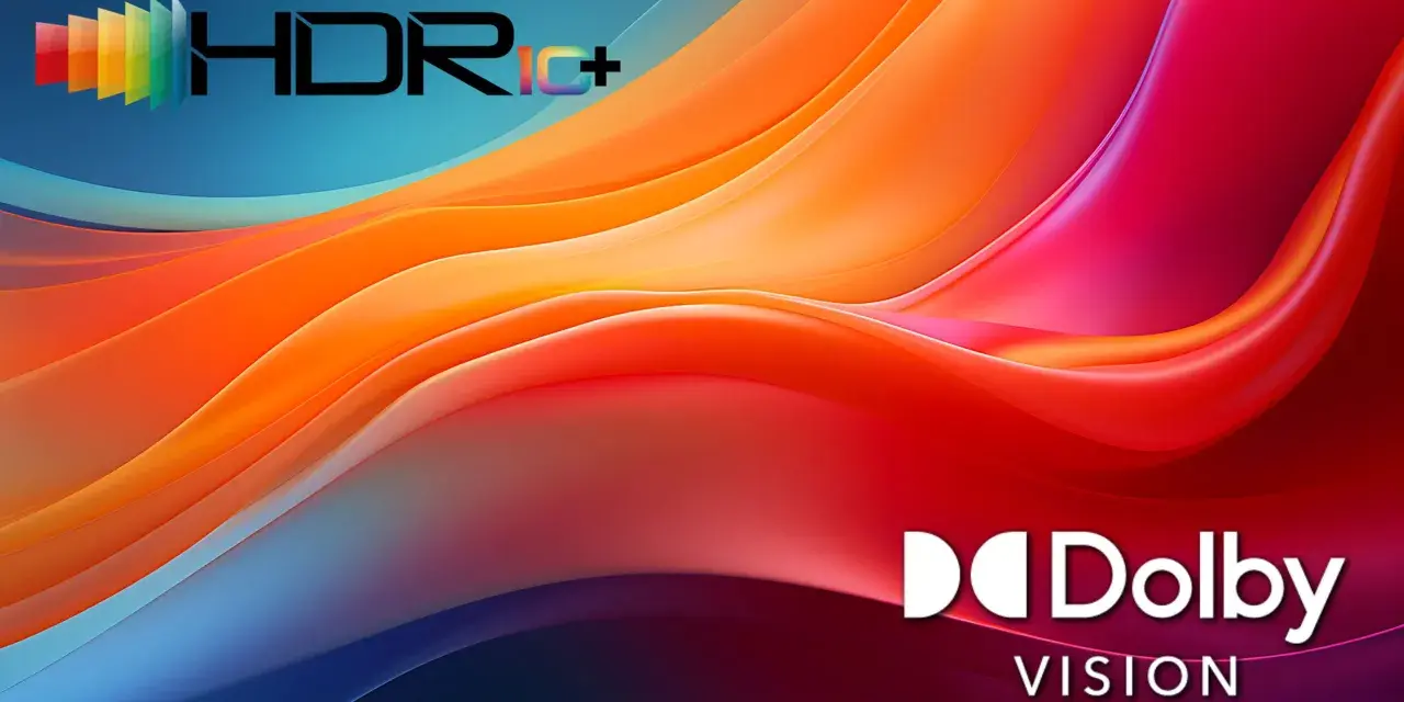 Abstrakte, fließende Formen in leuchtenden Orange-, Rot- und Blautönen. Das HDR10+ und Dolby Vision Logo sind prominent platziert.