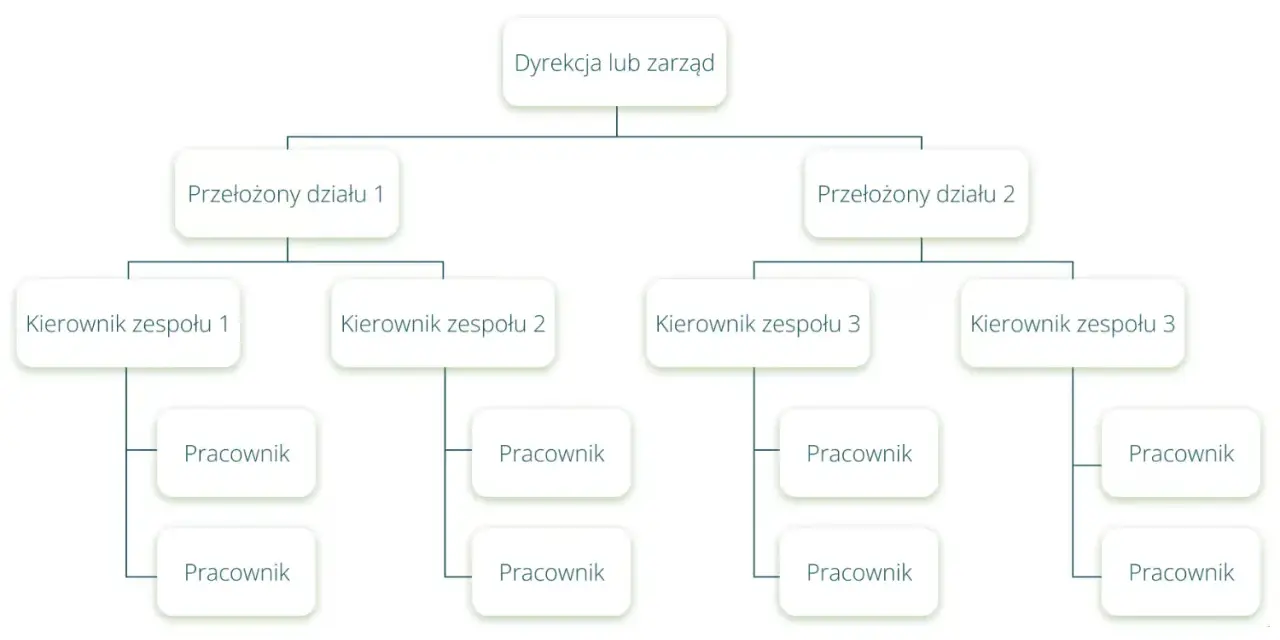 Schemat przedstawia strukturę organizacyjną firmy: Dyrekcja, Przełożeni działów, Kierownicy zespołów i Pracownicy.