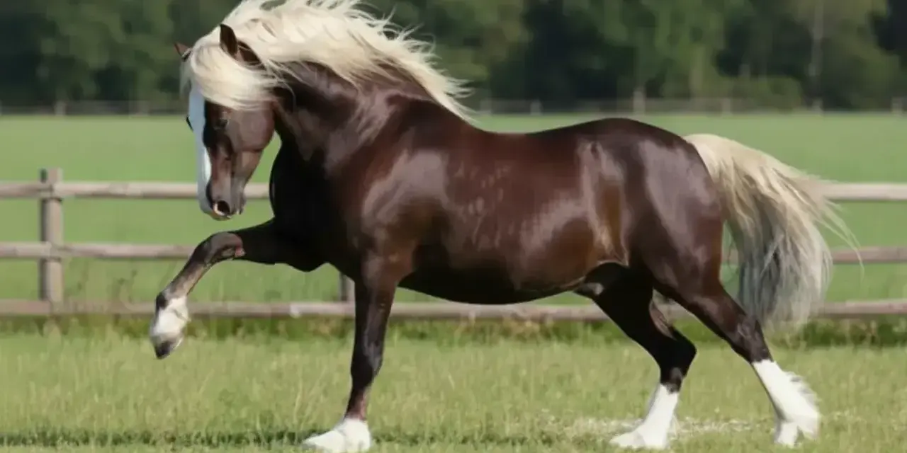Magnifique étalon brun à la crinière blonde, en pleine saillie cheval dans un pré verdoyant.