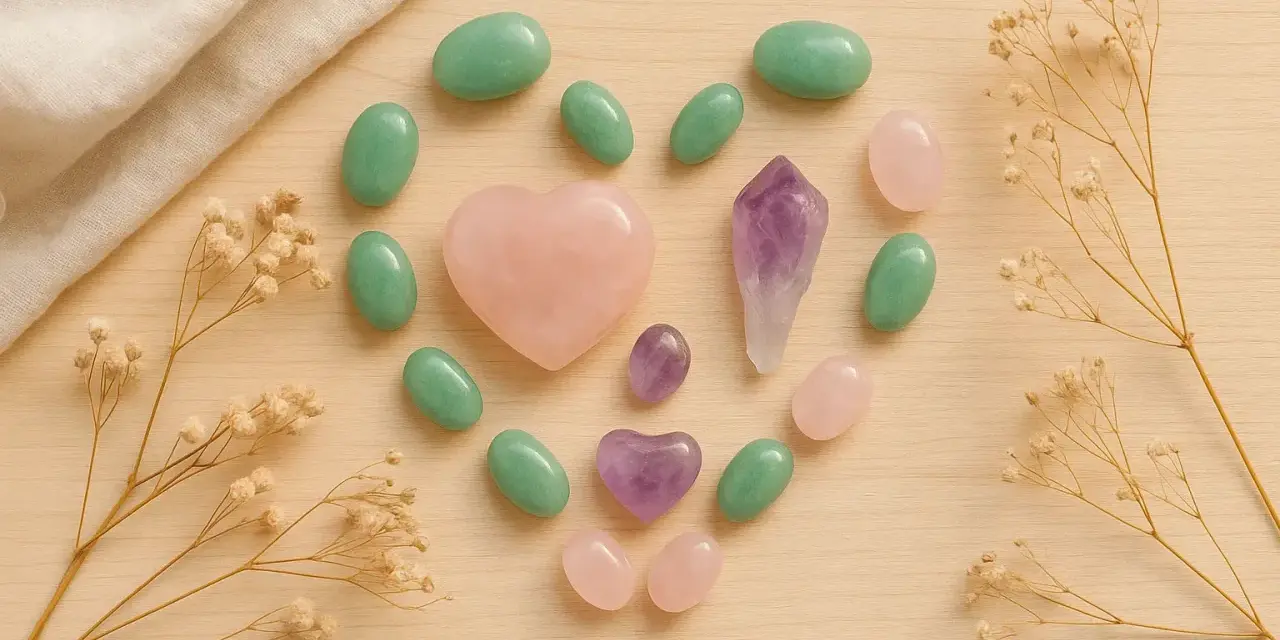Cristales en forma de corazón y ovalados, incluyendo amatista y cuarzo rosa, dispuestos en un círculo. Una piedra equilibrio emocional.