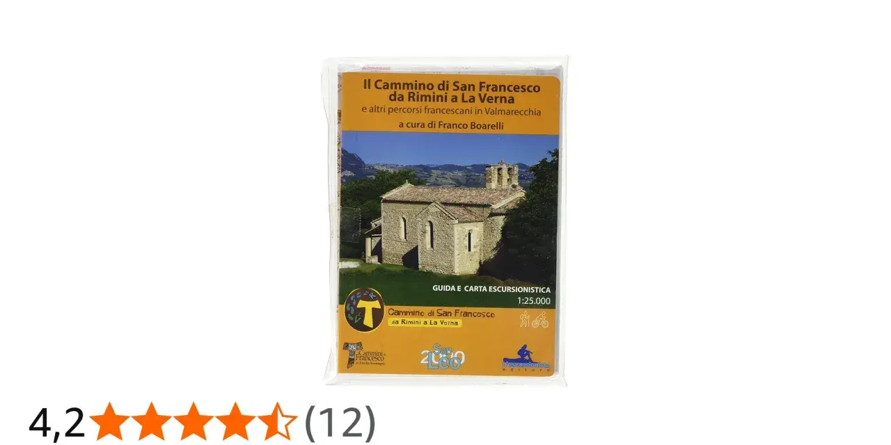 Guida e carta escursionistica per il cammino di San Francesco da Rimini a La Verna, con un'antica chiesetta sullo sfondo.