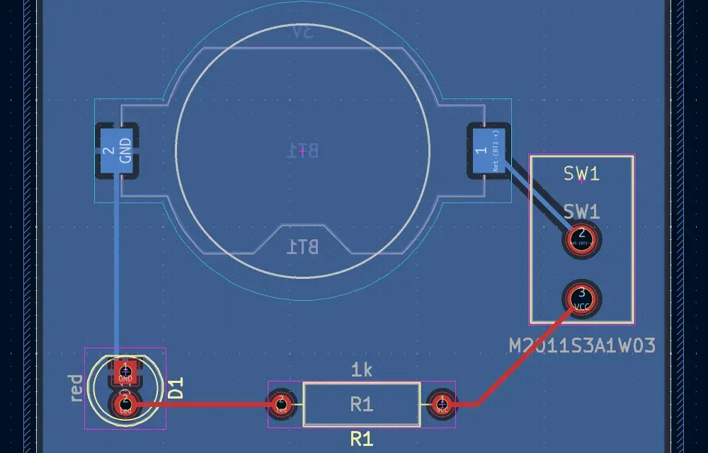 Schaltplan-Ansicht: GND, VCC, Widerstand R1 (1k), Diode D1 und Schalter SW1. Hilfreich, um die **Teilenummer herauszufinden**.