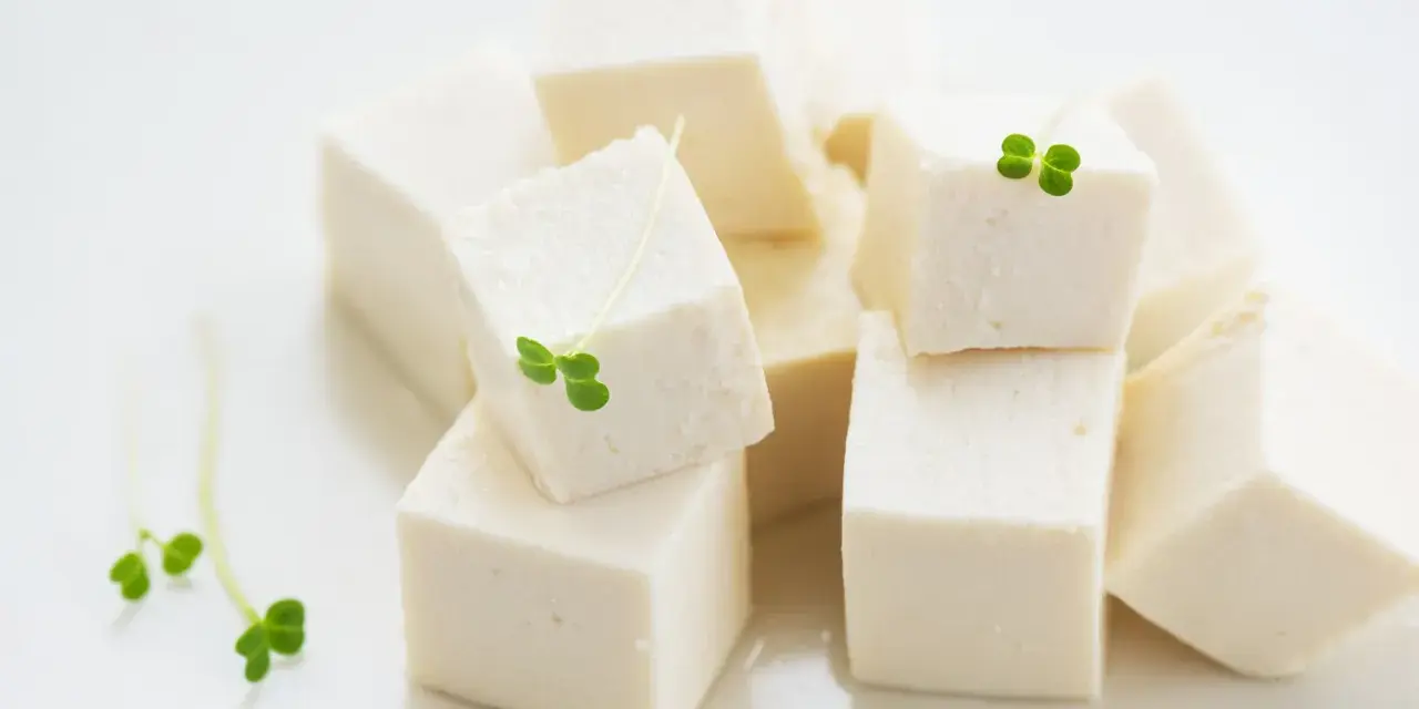 Kostki białego tofu, idealna podstawa do wielu dań, ozdobione świeżymi kiełkami.