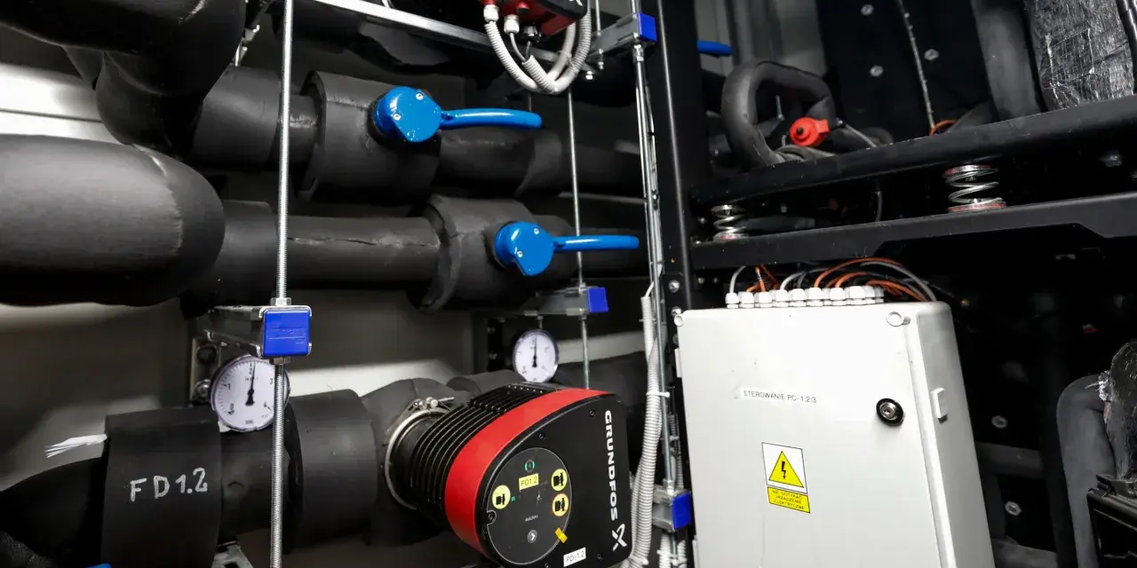 Instalacja z pompą Grundfos, zawory i manometry. Tanie pompy ciepła to przyszłość ogrzewania.