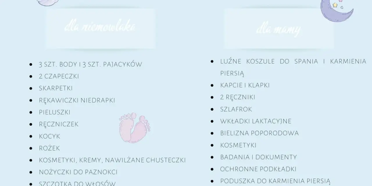 Lista rzeczy do szpitala dla mamy i dziecka: body, pajacyki, pieluszki, koszule do karmienia, kosmetyki.